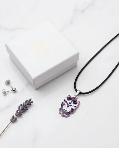 Mystical Purple Watercolor Owl Totem Pendant Necklace