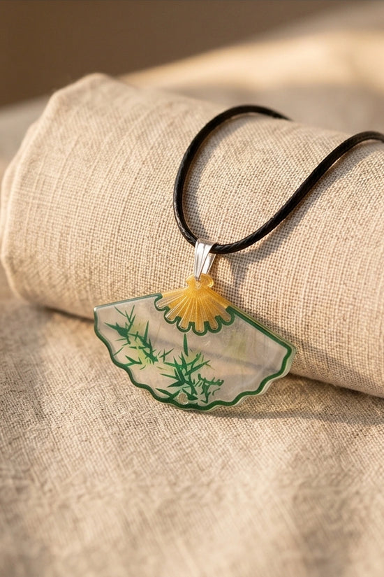 Artistic Green Bamboo Fan Pendant Necklace
