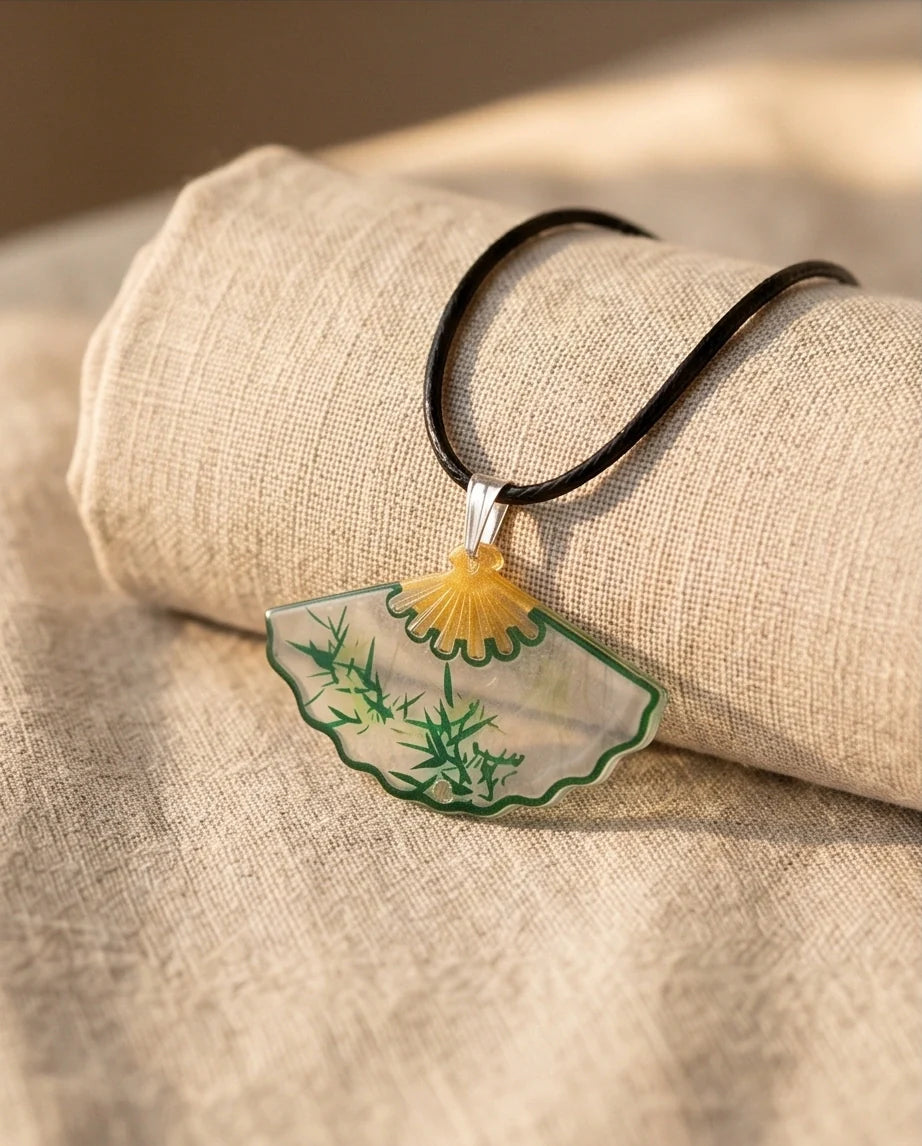 Artistic Green Bamboo Fan Pendant Necklace