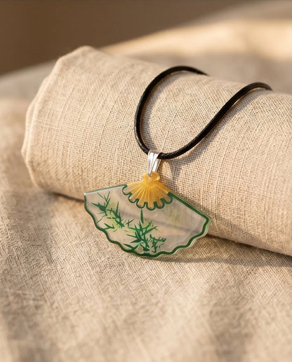 Artistic Green Bamboo Fan Pendant Necklace