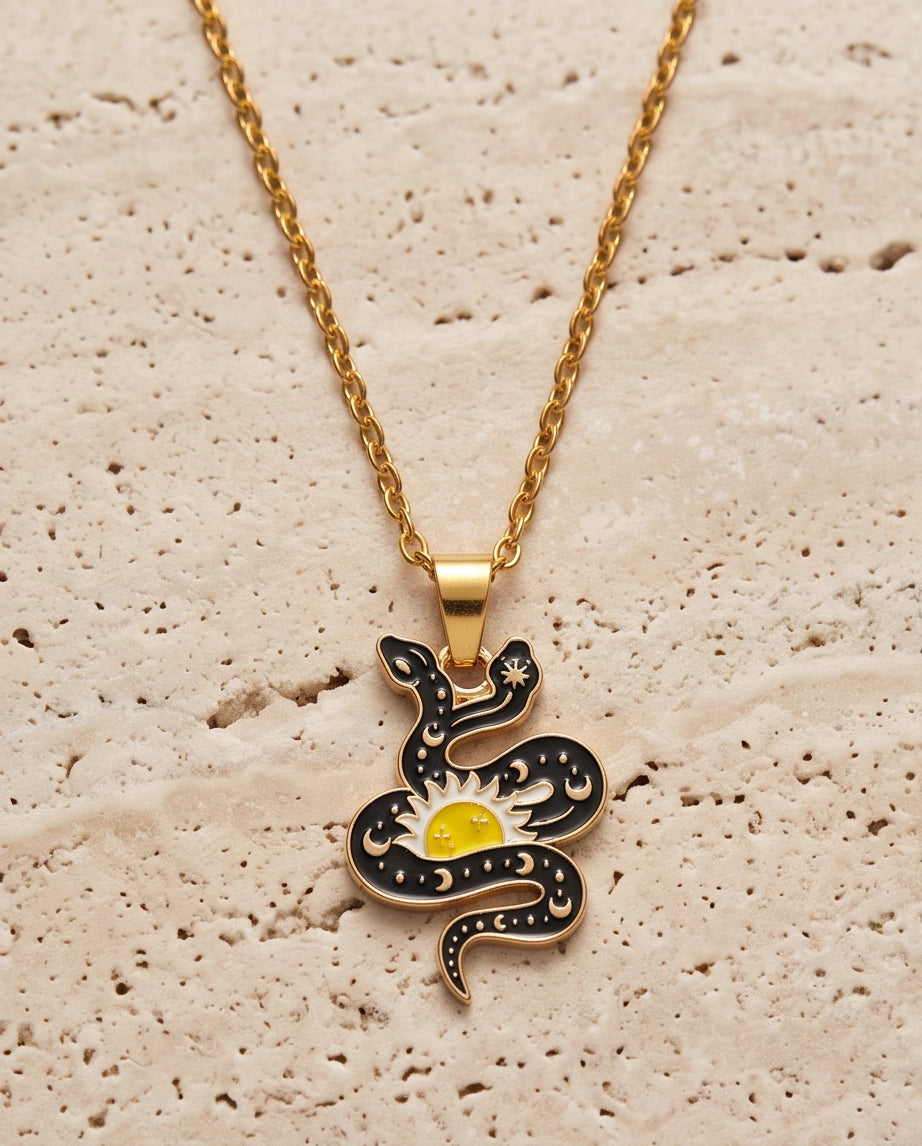 Gold Sunburst Serpent Enamel Pendant Necklace