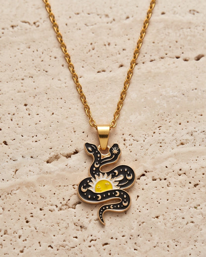 Gold Sunburst Serpent Enamel Pendant Necklace