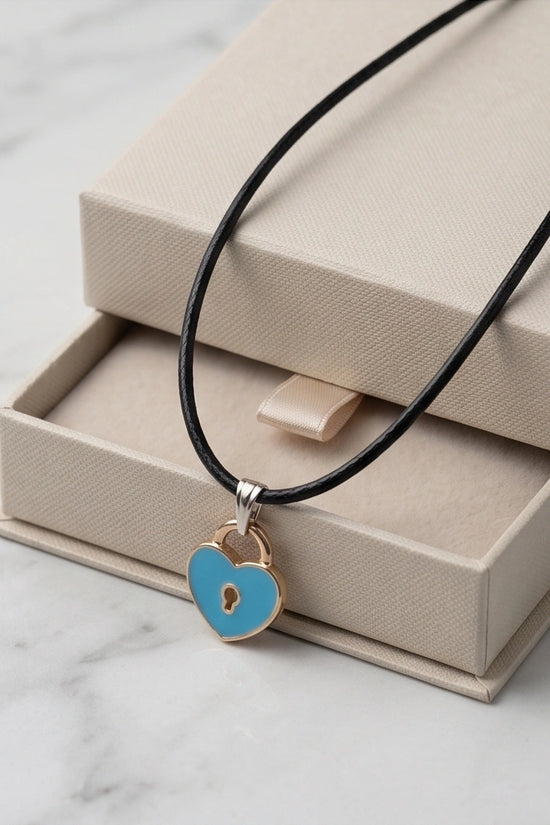 Gold and Pastel Blue Heart Lock Necklace