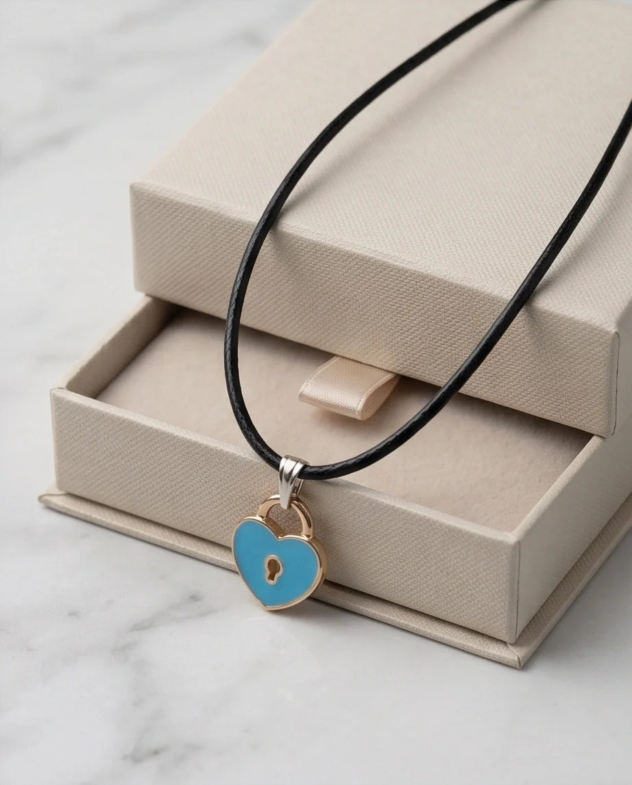 Gold and Pastel Blue Heart Lock Necklace