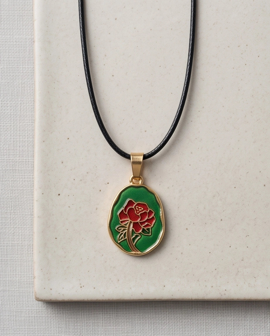 Gold Red Rose Enamel Medallion Chain Necklace