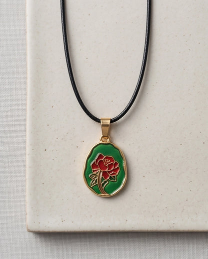 Gold Red Rose Enamel Medallion Chain Necklace