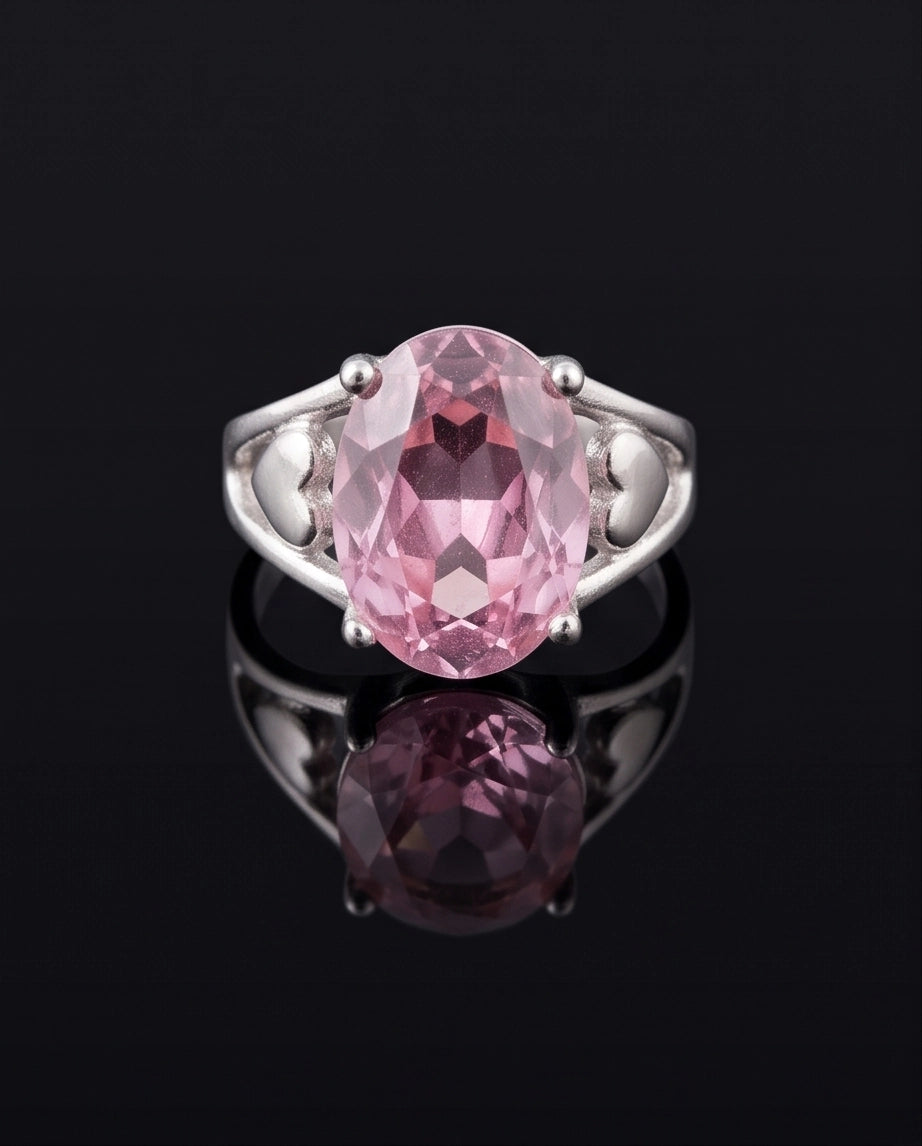Silver Oval Pink Gemstone Heart Detail Solitaire Ring