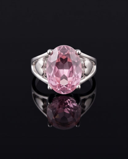 Silver Oval Pink Gemstone Heart Detail Solitaire Ring