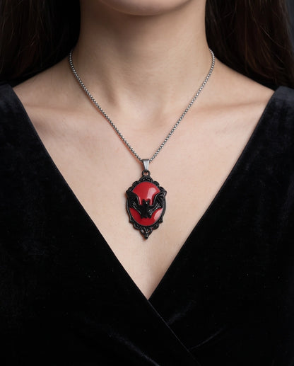 Black Gothic Bat Red Enamel Medallion Chain Necklace