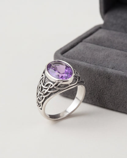 Amethyst Purple Oval-Cut Gemstone Celtic Knot Silver Ring