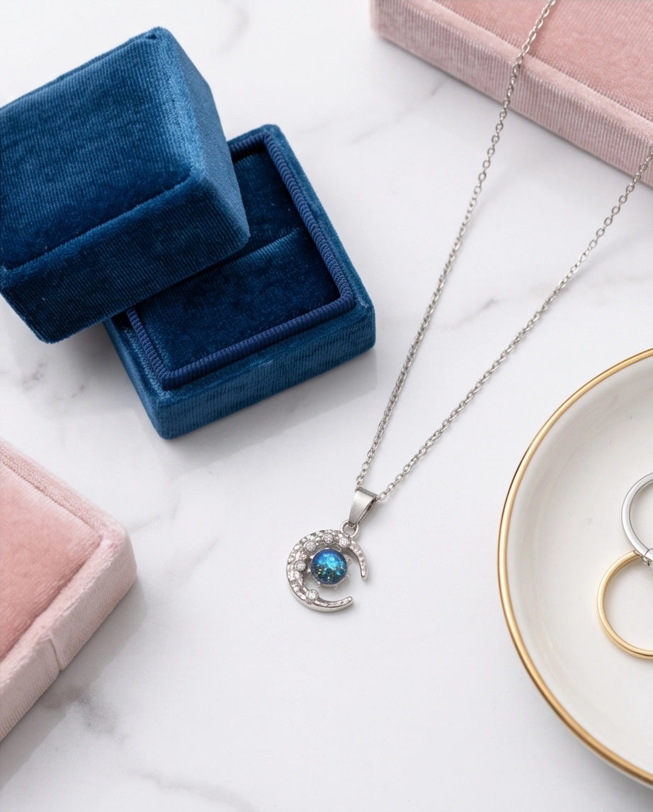 Silver Hammered Crescent Moon Galaxy Stone Pendant Necklace