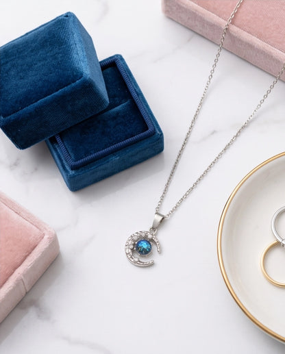 Silver Hammered Crescent Moon Galaxy Stone Pendant Necklace