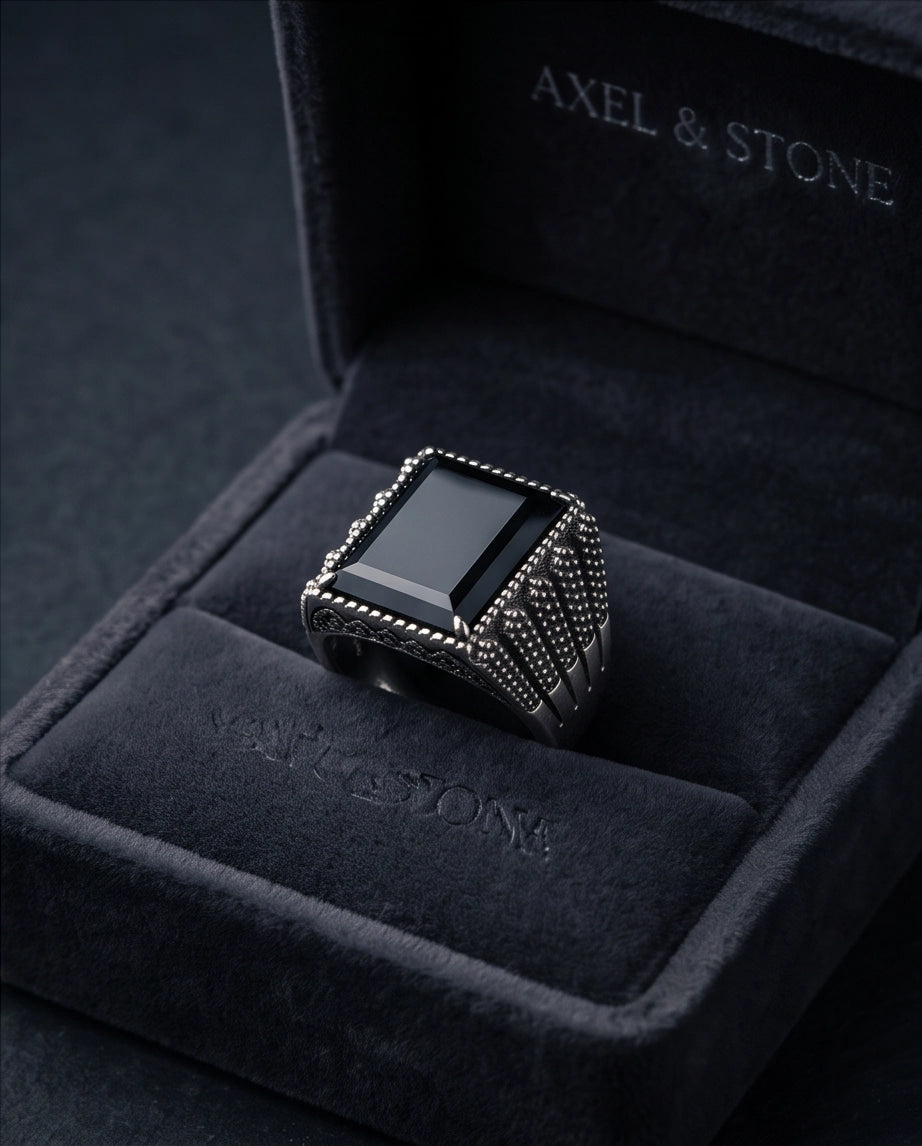 Onyx Gemstone Beaded Frame Emerald-Cut Fluted Stippled Silver Ring