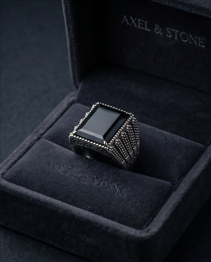 Onyx Gemstone Beaded Frame Emerald-Cut Fluted Stippled Silver Ring