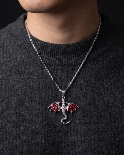 Silver Red Enamel Dragon Wyvern Pendant Necklace