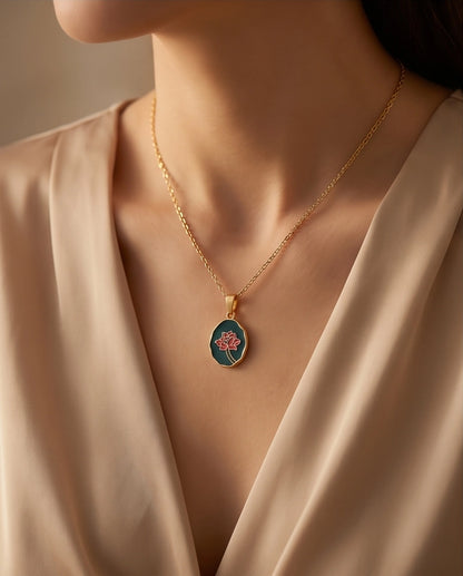 Gold Teal Lotus Enamel Medallion Chain Necklace