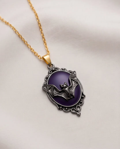 Antique Silver Gothic Bat Purple Enamel Medallion Chain Necklace
