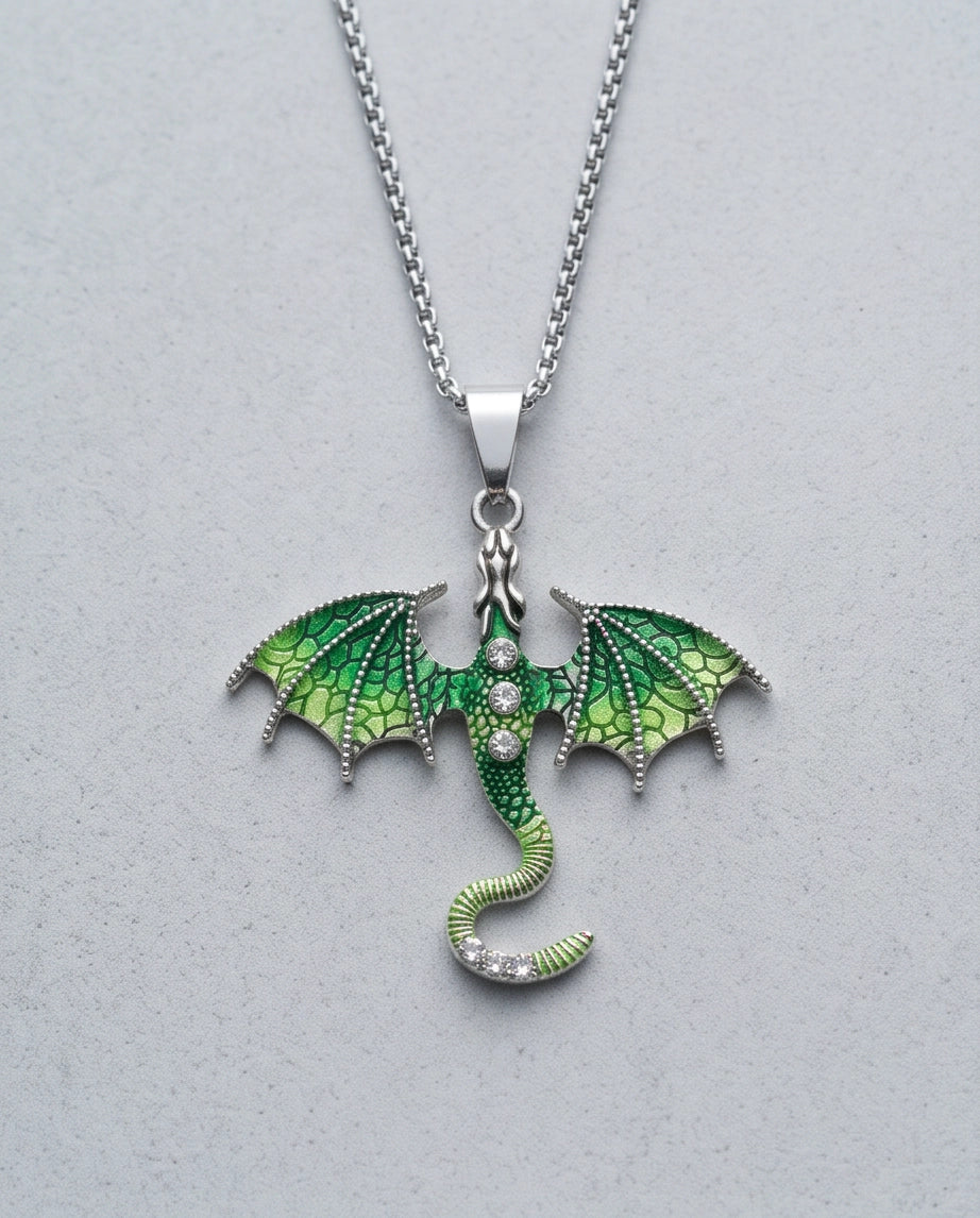 Silver Green Enamel Dragon Wyvern Pendant Necklace