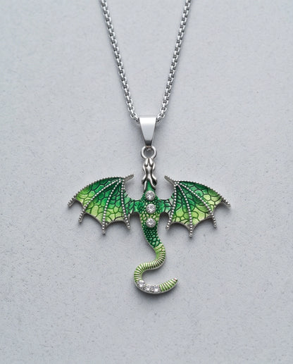 Silver Green Enamel Dragon Wyvern Pendant Necklace