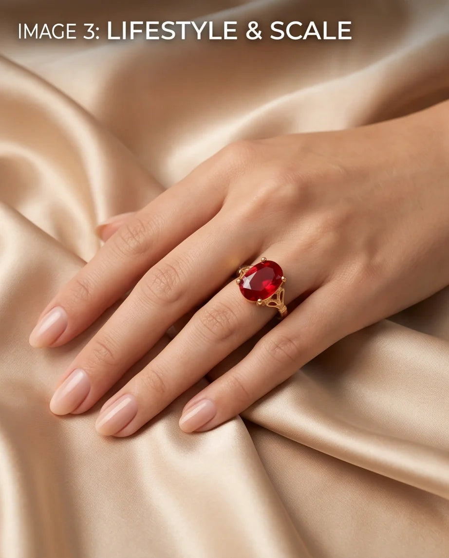 Gold Plated Crimson Ruby Oval Filigree Ring