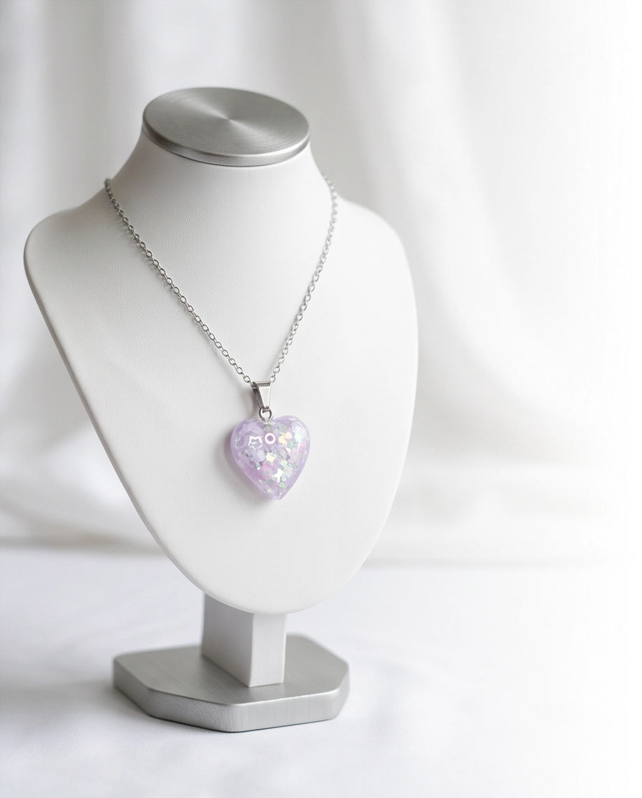 Silver Lavender Glitter Heart Resin Pendant Necklace