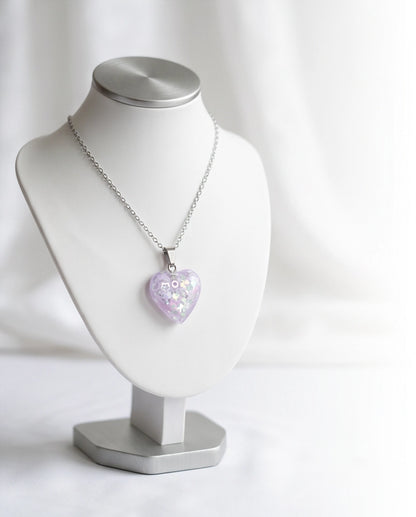 Silver Lavender Glitter Heart Resin Pendant Necklace