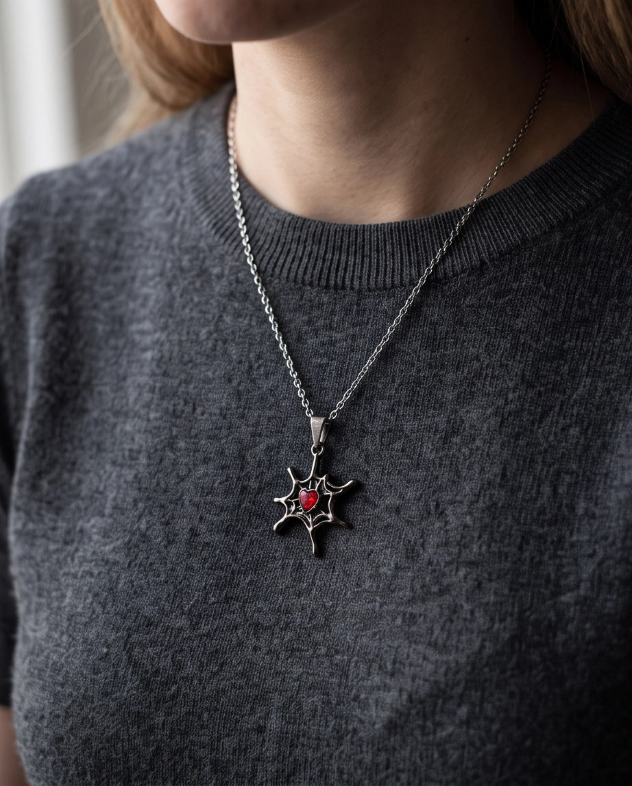 Black Spiderweb Red Heart Gem Pendant Necklace