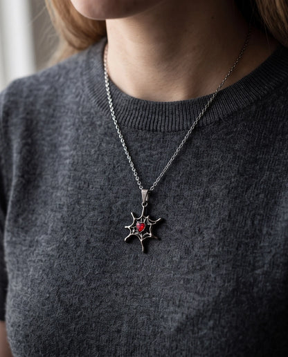 Black Spiderweb Red Heart Gem Pendant Necklace