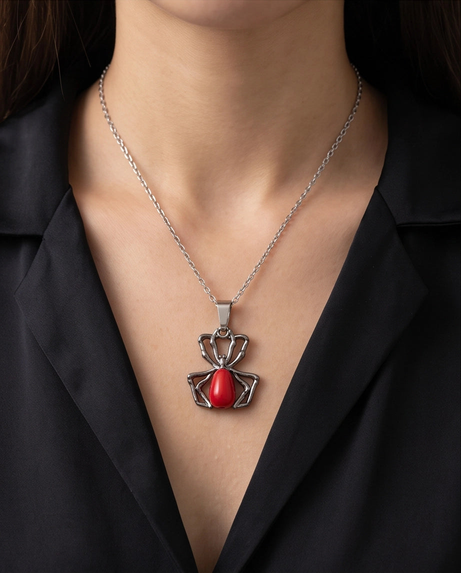 Silver Spider Red Gemstone Pendant Necklace