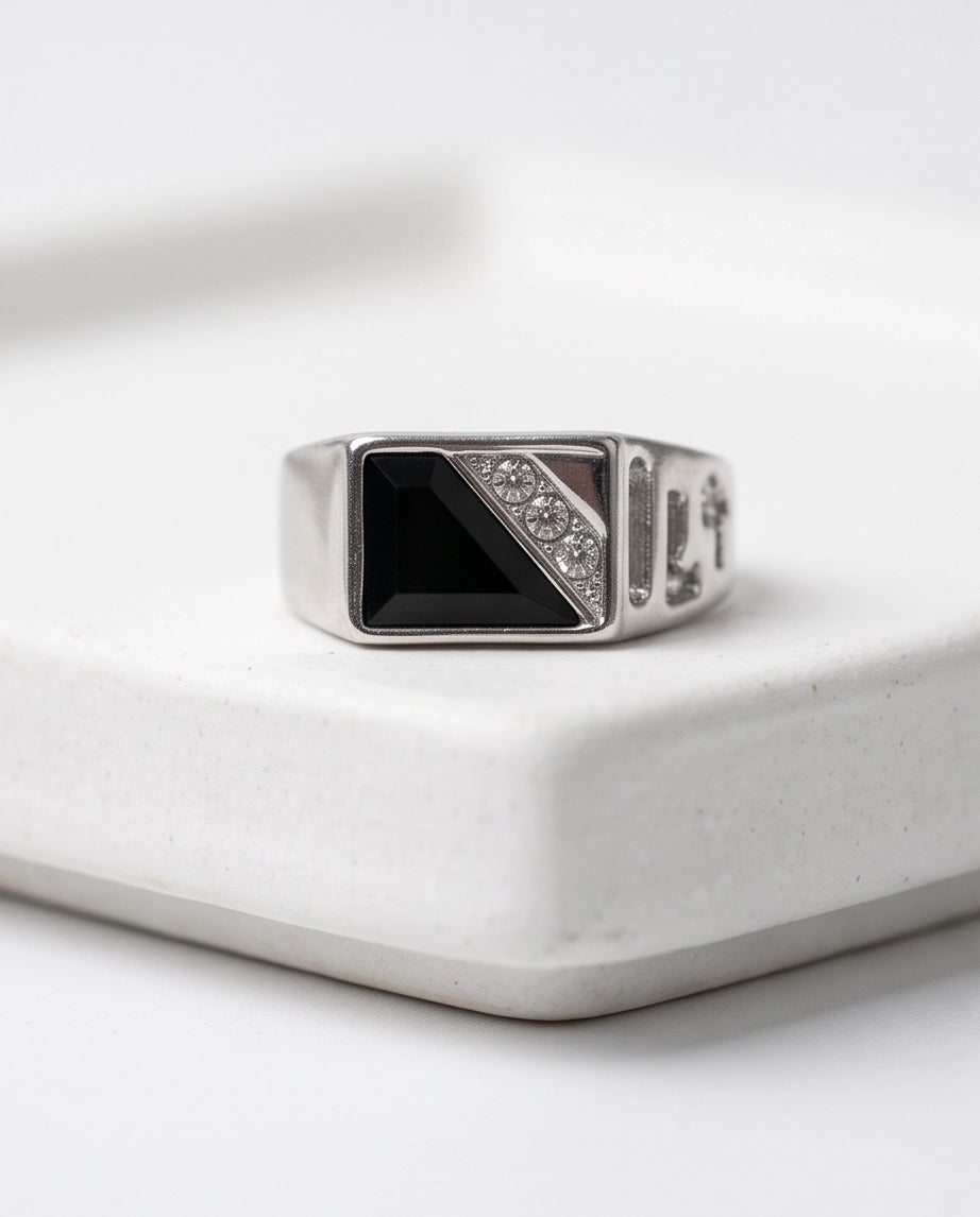 Onyx Inlay & Pavé Diagonal Split Signet Silver Ring