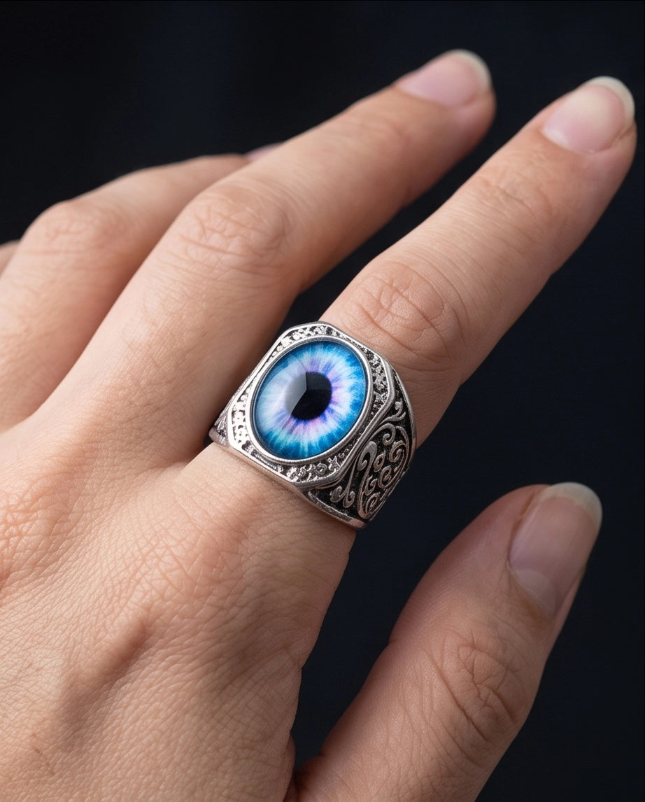 Nebula Blue-Purple Evil Eye Cabochon Gothic Filigree Silver Ring