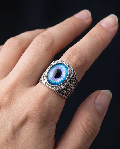 Nebula Blue-Purple Evil Eye Cabochon Gothic Filigree Silver Ring