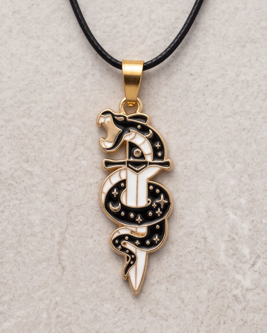 Gold Snake & Dagger Celestial Enamel Pendant Necklace