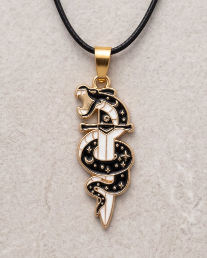 Gold Snake & Dagger Celestial Enamel Pendant Necklace