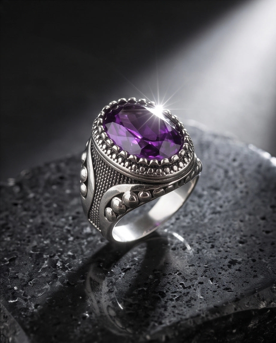 Amethyst Gemstone Beaded Bezel Filigree Silver Ring