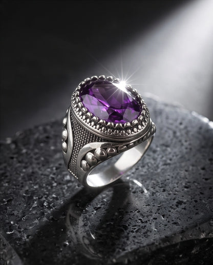 Amethyst Gemstone Beaded Bezel Filigree Silver Ring