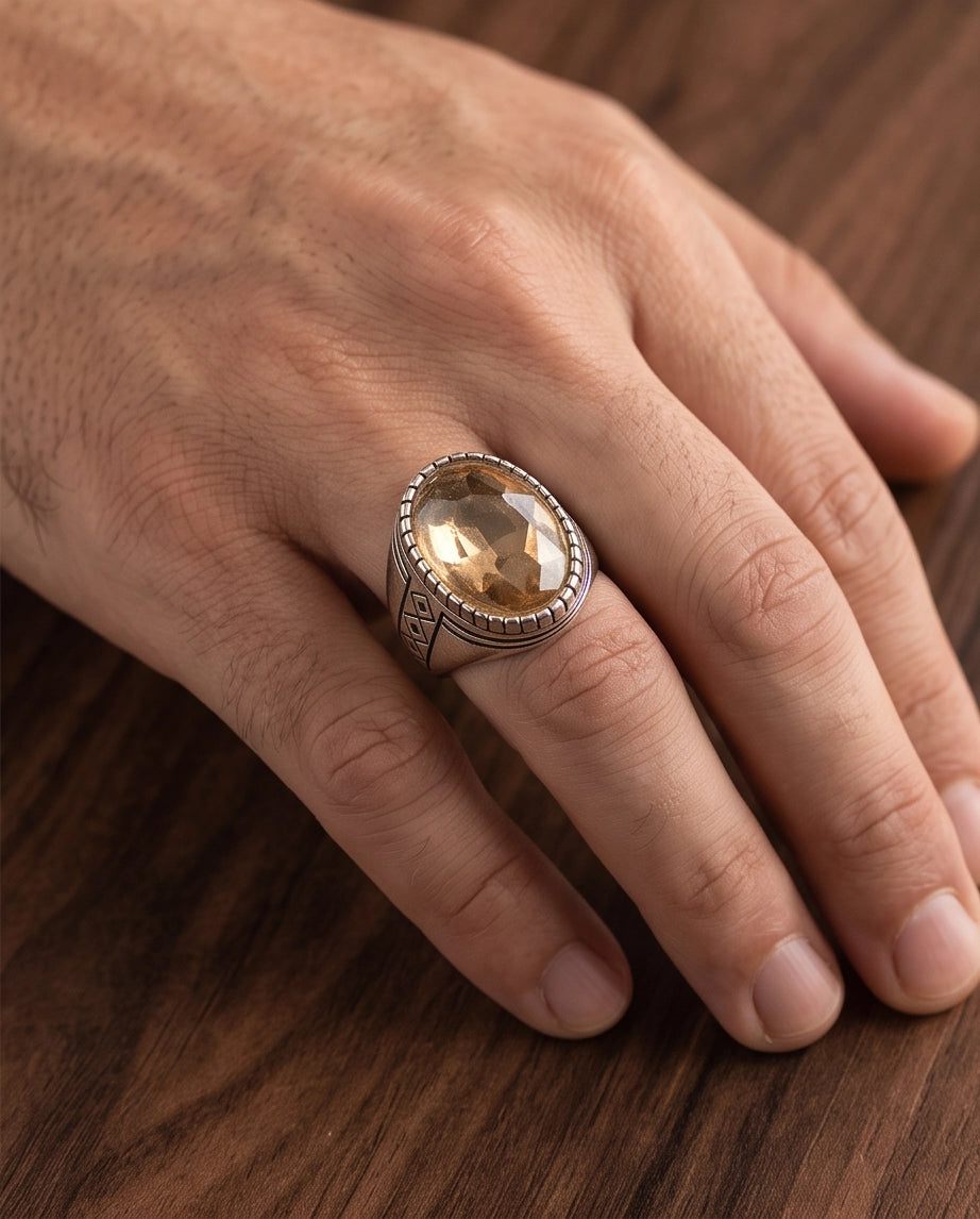 Citrine Gemstone Notched Bezel Geometric Diamond Silver Ring
