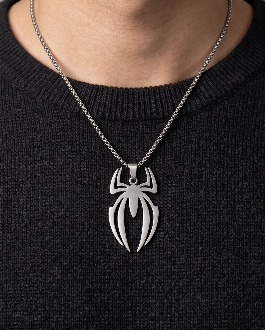 Silver Tribal Spider Emblem Pendant Necklace