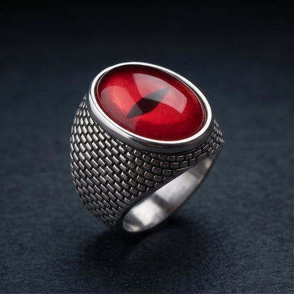 Ruby Slit-Pupil Mesh Silver Ring
