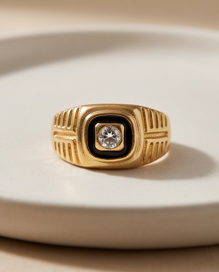 Concentric Cushion Clear Gemstone Onyx Frame Art Deco Gold Ring