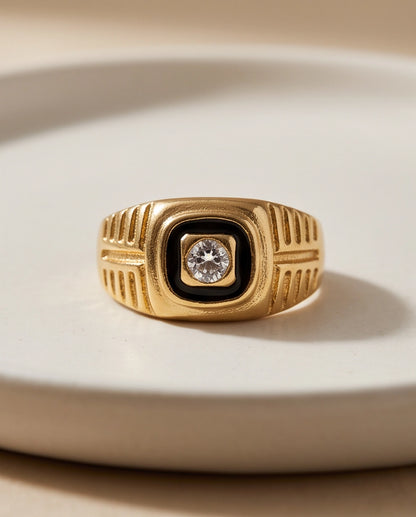 Concentric Cushion Clear Gemstone Onyx Frame Art Deco Gold Ring