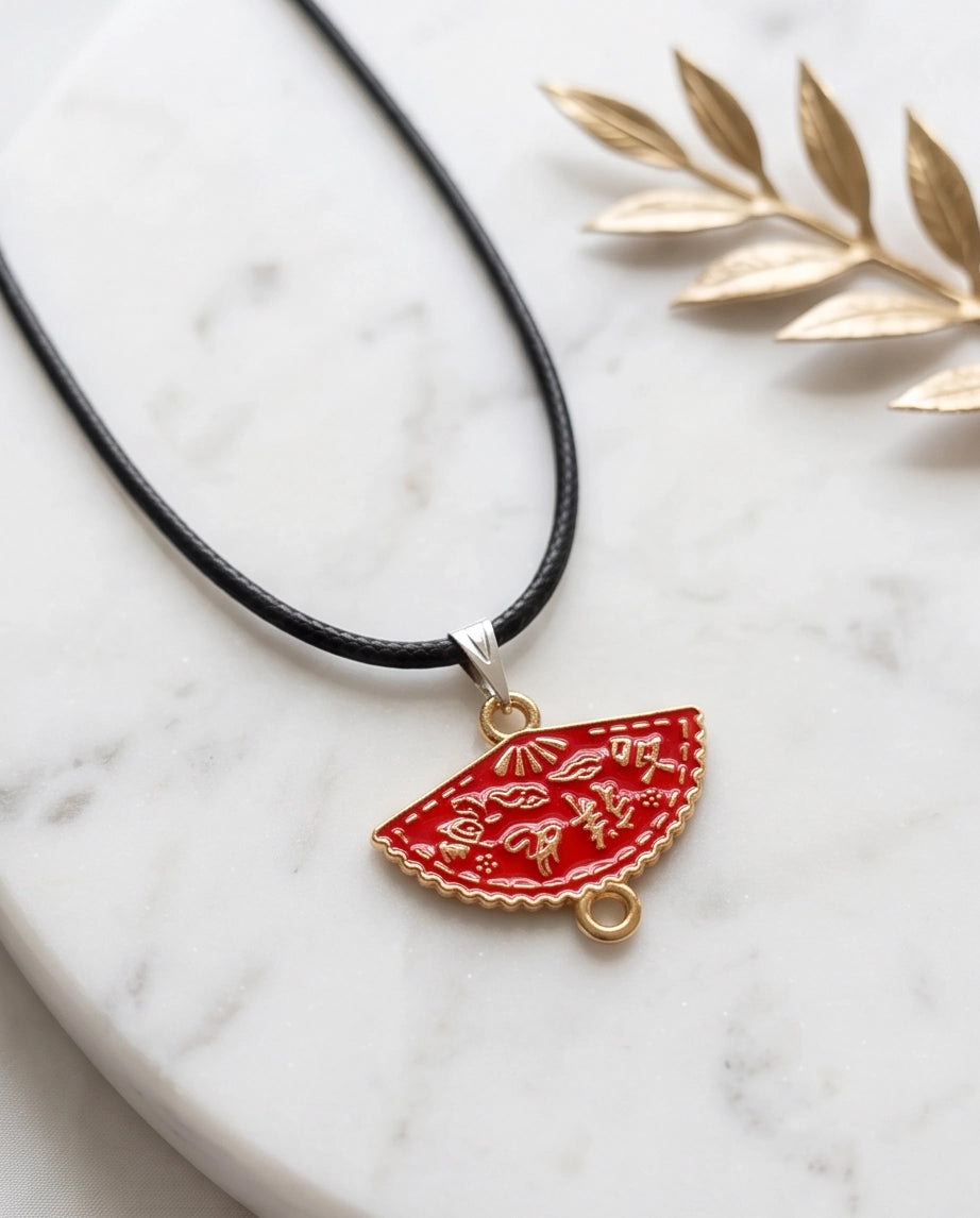 Crimson Calligraphy Fan Pendant Necklace