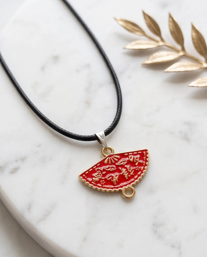Crimson Calligraphy Fan Pendant Necklace