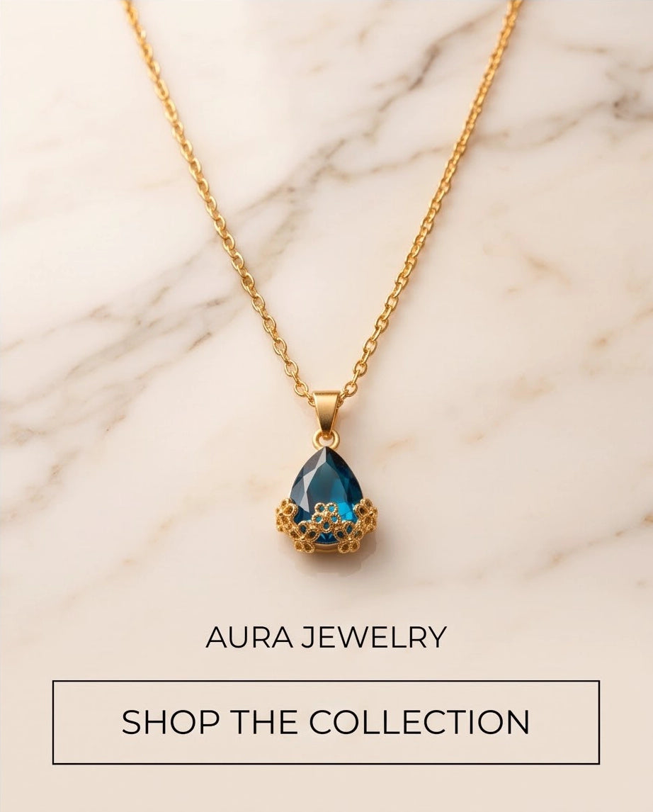 Gold Sapphire Teardrop Floral Basket Pendant Necklace