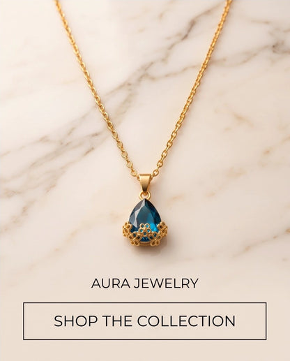 Gold Sapphire Teardrop Floral Basket Pendant Necklace
