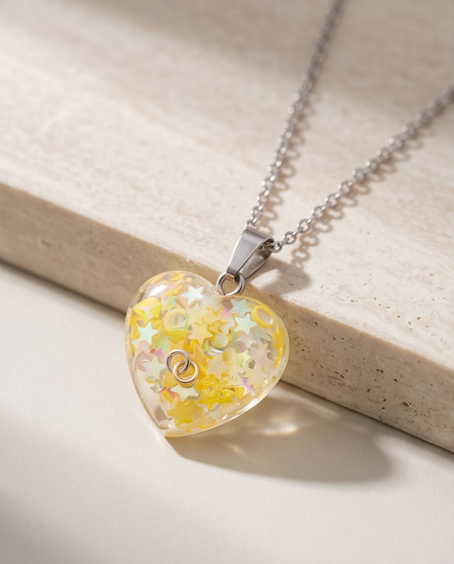 Silver Sunshine Yellow Glitter Heart Resin Pendant Necklace