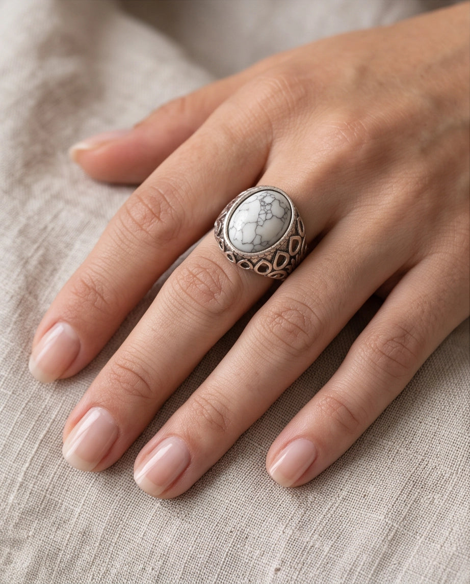 Howlite Cabochon Filigree Silver Ring
