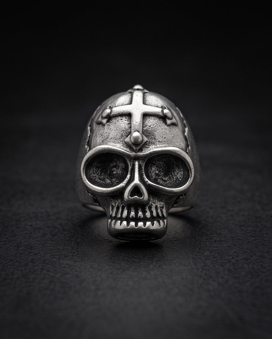 Gothic Cross-Embossed Anatomical Skull Silver Ring
