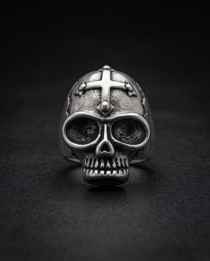 Gothic Cross-Embossed Anatomical Skull Silver Ring