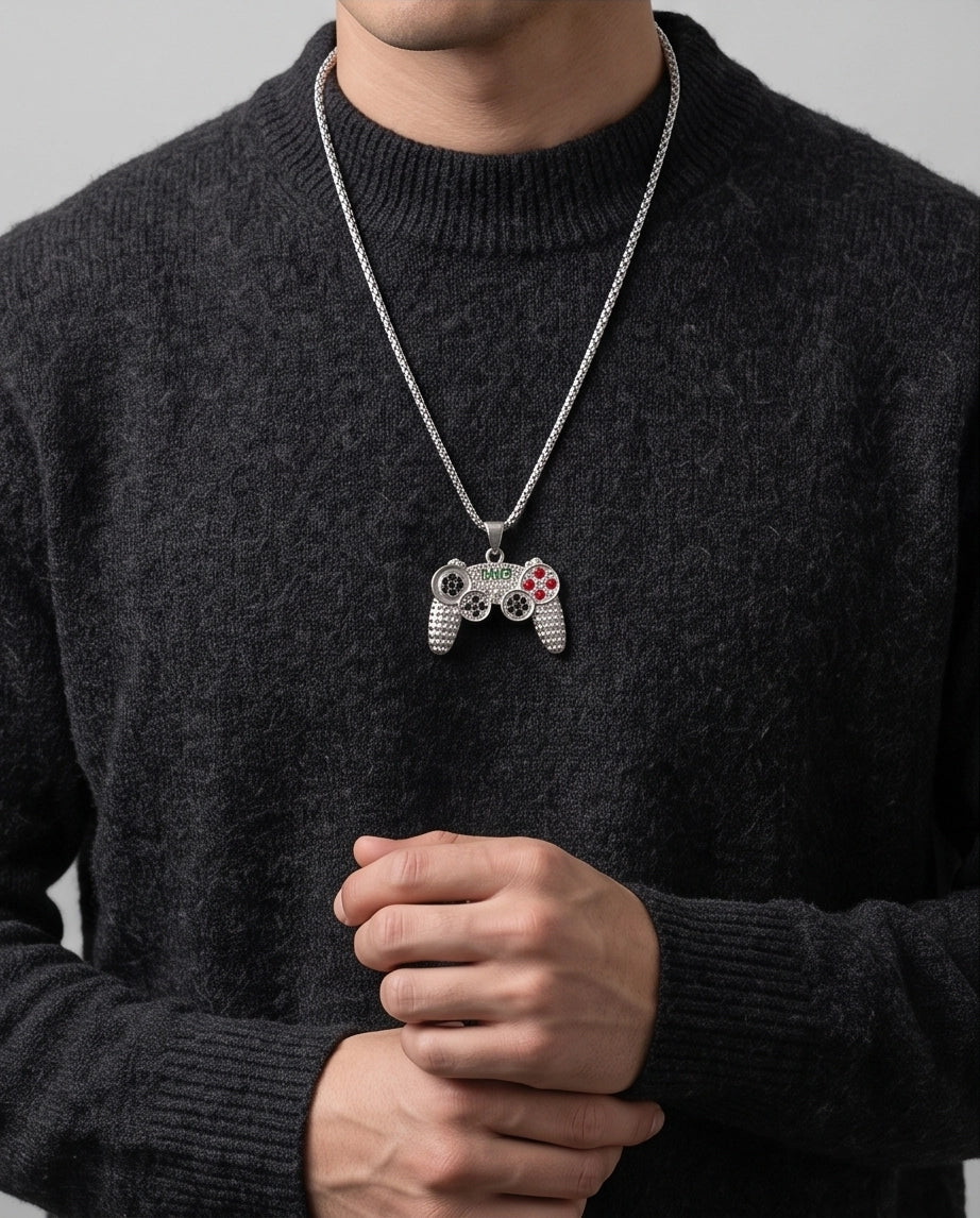 Silver Rhinestone Gamepad Controller Pendant Necklace